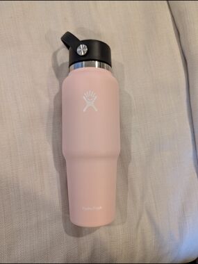 Hydro Flask Pink Bottle with Black Lid and Silver Collar